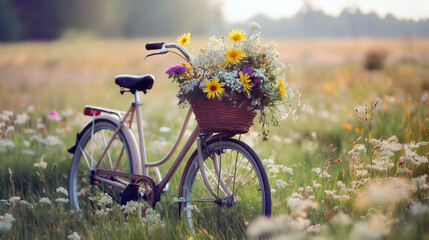 Naklejka premium Vintage bicycle with basket full of flowers standing in field