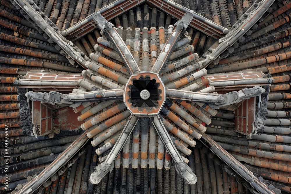 Poster a detailed overhead shot showcasing a complex network of interconnected pipes, capture the intricate