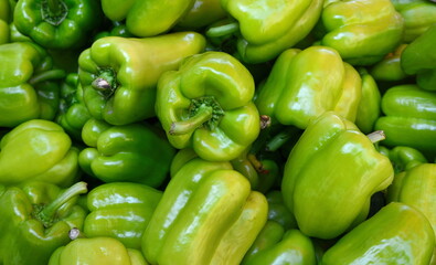 Green bell peppers, natural background. Freshly picked green bell peppers on display at the market