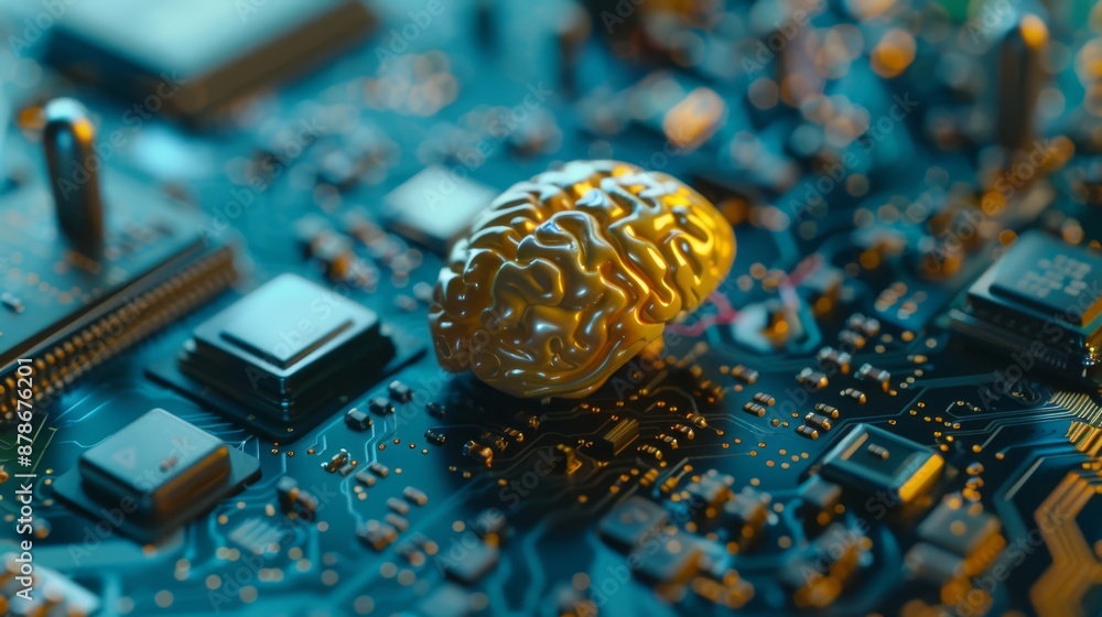 Poster a brain model symbolizes ai technology on a circuit board, blending digital innovation and cuttinged