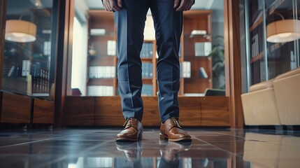 Obraz premium Confident and Poised Business Executive Standing Tall in a Sleek and Modern Office Environment Exuding an Air of Authority and Success