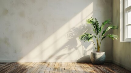 Minimalist interior with a muted wall and wooden floor, featuring a stylish plant pot for a tranquil atmosphere background.