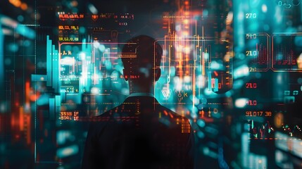 Futuristic cityscape showcasing the advanced technologies shaping the future of finance and data analytics featuring holographic tickers minimalist digital interfaces dynamic color palettes 