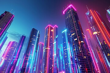 A futuristic cityscape with buildings that pulse with multicolored LED rhythms