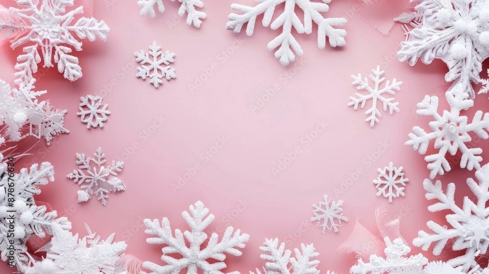 Poster winter theme with snowflake frame on soft pink backdrop