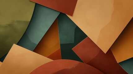 An abstract geometric background with subdued earthy colors. Shapes in terracotta, olive green, rust orange, and mustard yellow are arranged in a visually sophisticated and natural design