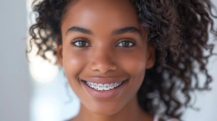 smiling young african american woman with metal braces on teeth on a white background, orthodontics, dental, oral cavity, bite, alignment, tooth, mouth, portrait, treatment, dentist patient