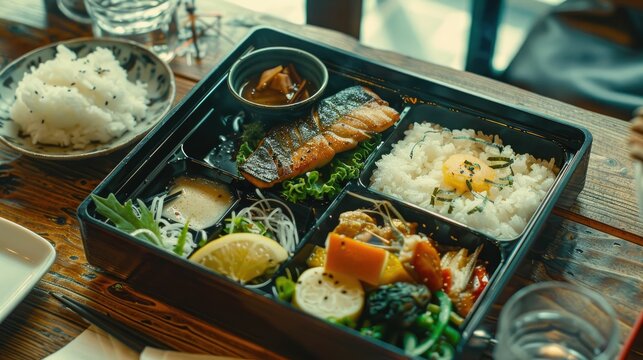 a delicious japanese bento box filled with rice, grilled fish, vegetables and a side of sauce.