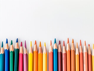 Colored pencils lined up on white background.