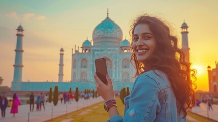 Happy Vlogger Capturing Taj Mahal Sunset