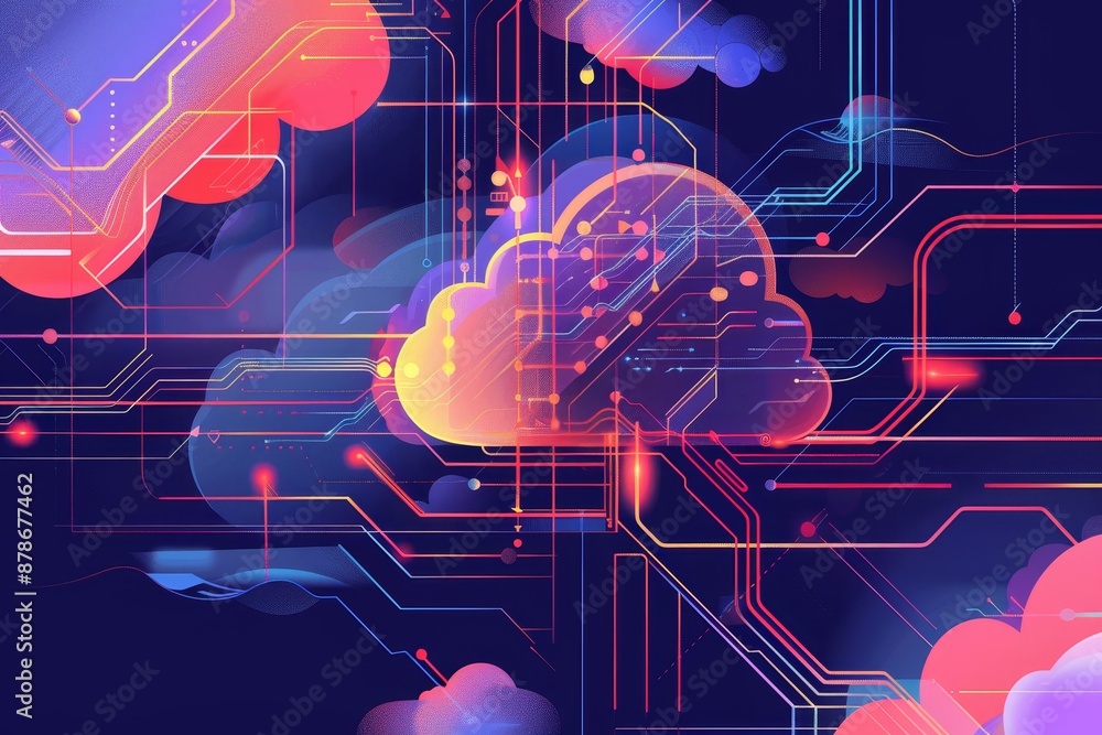 Poster background featuring blue and pink hues with cloud-like shapes and various intersecting lines, captu
