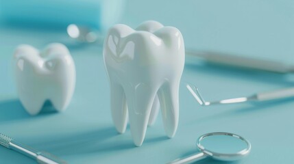 Dental hygiene tools & model teeth. Close up of dental instruments and a model tooth on a blue background.