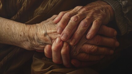 Two elderly hands are clasped together, their skin showing the signs of age and a lifetime of experience