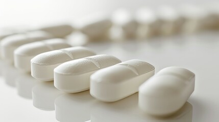 White pills row on surface. Close-up view of white pills in a line on a white surface.
