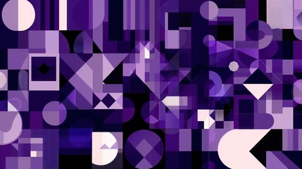 An abstract geometric background using a monochromatic scheme of purples. Different shades of squares, circles, triangles, and hexagons are arranged in a visually sophisticated and harmonious design