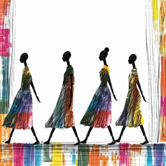 Fototapeta premium A group of African women walk together in a row. The women are dressed in brightly colored dresses in an authentic style. The vibrant graffiti style painting has a bright and lively mood. Illustration