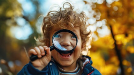 Smiling Child Investigating with Magnifying Glass