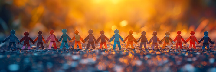 Paper cutout figures holding hands in a row, with a sunset background. Concept for unity and gratitude