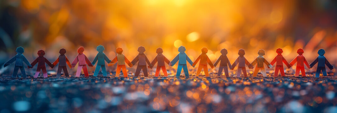 Paper cutout figures holding hands in a row, with a sunset background. Concept for unity and gratitude