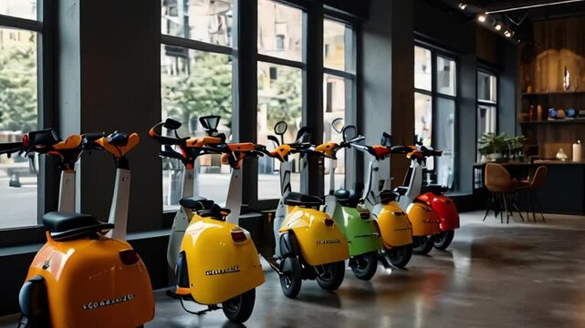 Row of Colorful Electric Scooters in a Modern Showroom