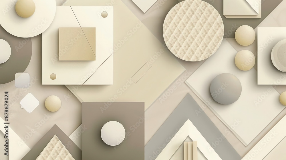 Fototapete An elegant abstract design with geometric patterns in neutral colors. Beige squares, ivory triangles, taupe circles, and gray hexagons are arranged in a harmonious and refined composition.