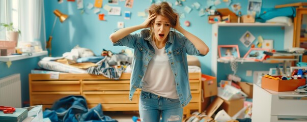 A shocked woman dressed in denim stands in a disorganized room holding her head, surrounded by clutter, expressing dismay and astonishment at the mess.