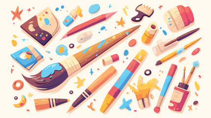 Art supplies banner. Kids creative arts school or cam