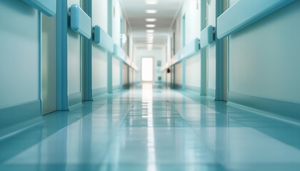 Obraz premium A modern hospital corridor with polished floors, pale blue and white walls, and handrails. Bright overhead lights emphasize the cleanliness and professionalism of the space.