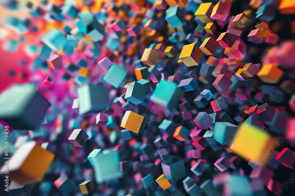 Poster colorful cubes with various shapes and sizes suspended mid-air, capturing the complexity of blockcha