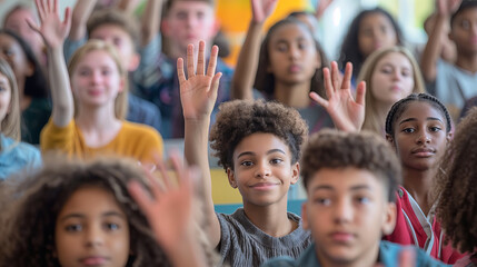 Fototapeta premium Diverse Group of Students Raising Hands in Classroom Setting