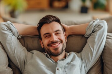 Obraz premium Casual happiness: Man with hands behind head on sofa