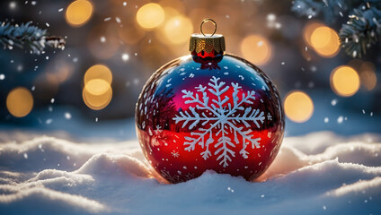 The red bauble rests on a snowy surface, with snowflakes gently falling around it. The background is illuminated with warm bokeh lights, creating a cozy and cheerful holiday atmosphere