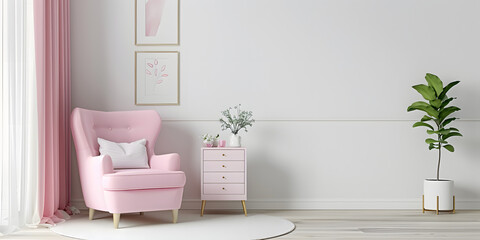 The pink armchair in the living room wall color white