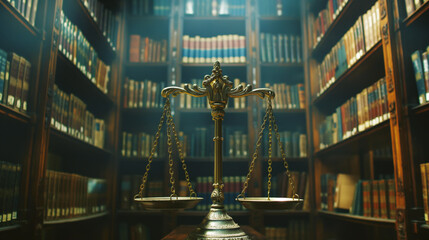 Obraz premium Ornate scales of justice in focus, set against a blurred background of bookshelves filled with law books