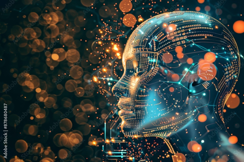 Poster a digital depiction of a persons head emitting luminous lights in a technologically advanced setting