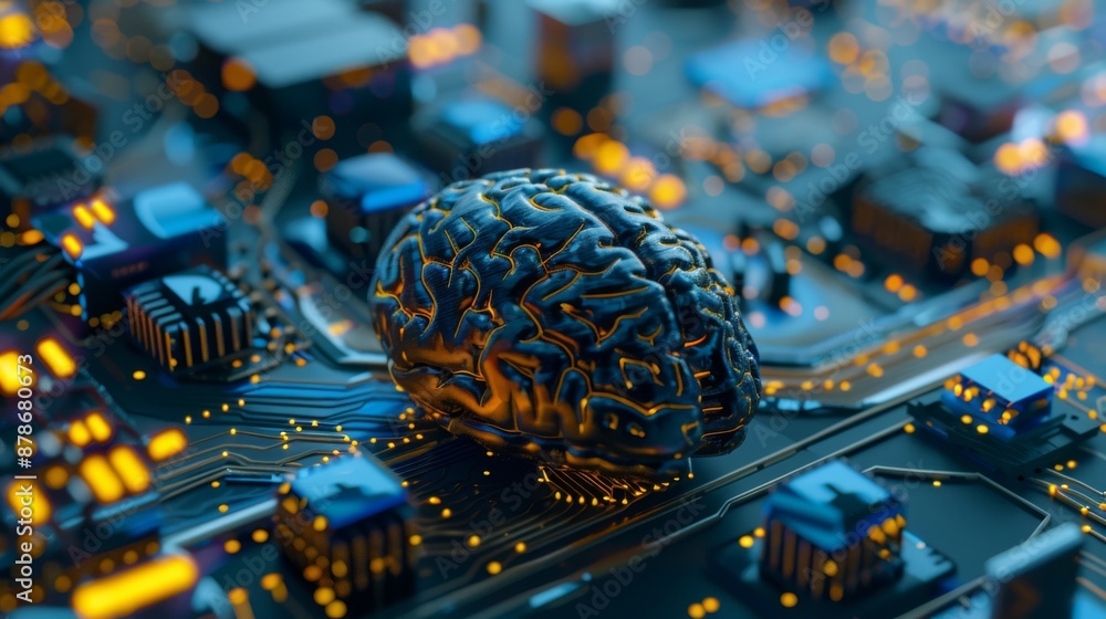 Poster a brain model symbolizes ai technology on a circuit board, blending digital innovation and cuttinged