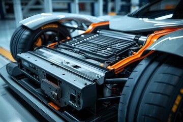 Fototapeta premium Close Up View of Car Engine in Garage, Capturing the essence of speed and sustainability in an electric sport car, with a focus on its impressive battery pack