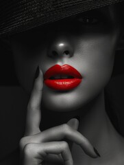 A woman with a red lipstick and a black hat is shown in a black and white photo