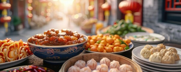 Fototapeta premium An assortment of traditional Chinese dishes on a sunny street, highlighting their vibrant colors and rich flavors.
