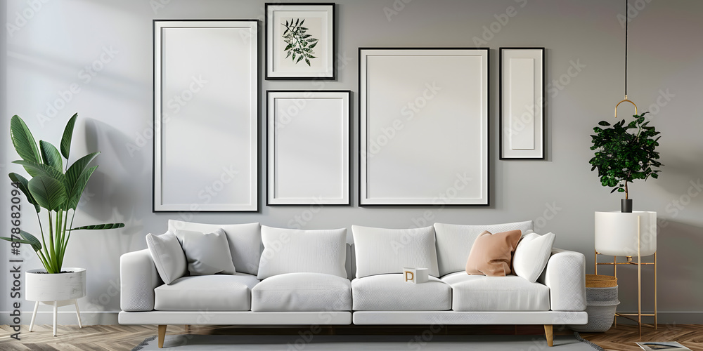 Poster mockup frames of various sizes on the wall of living room.3d rendering