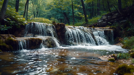Fototapeta premium Mountain stream with a gentle waterfall cascading into a pool