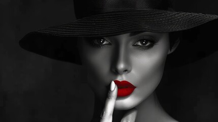 A woman with a red lipstick and a black hat is shown in a black and white photo