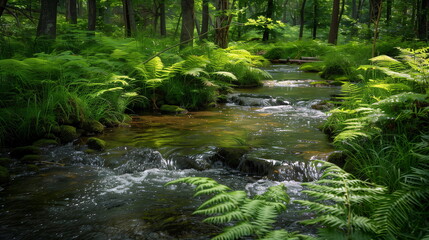 Obraz premium Peaceful stream surrounded by vibrant green ferns