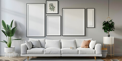 Mockup frames of various sizes on the wall of living room.3d rendering