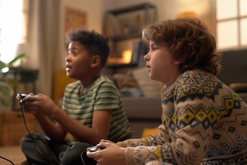 Two diverse teen boys enthusiastically playing retro video game on console, focused on the screen while sitting on floor in a cozy living room with a mix of decor styles