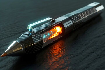 A futuristic mechanical pencil with a sleek, carbon fiber body and glowing graphite chamber