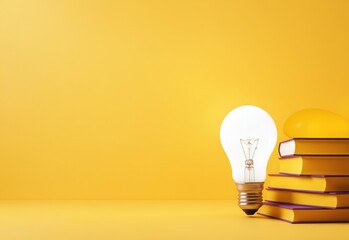 Light bulb over the yellow books on a yellow background with copy space