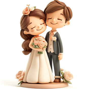 Wedding, marriage. Happy bride and groom in wedding suits smiling. Cartoon funny cute 3d illustration on white background, unusual avatar