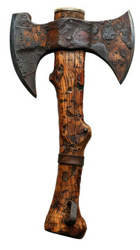 Close-up of a rustic double-headed axe with a wooden handle, showcasing detailed craftsmanship and antique design.
