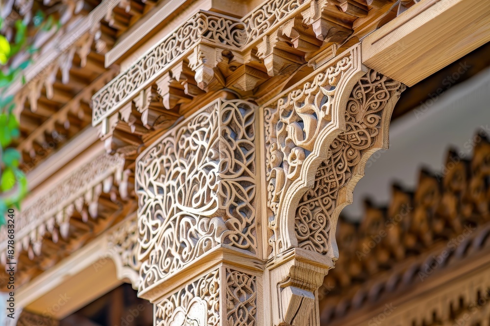 Poster close-up view of intricate carvings and patterns on a wooden structure, carved wood with intricate p